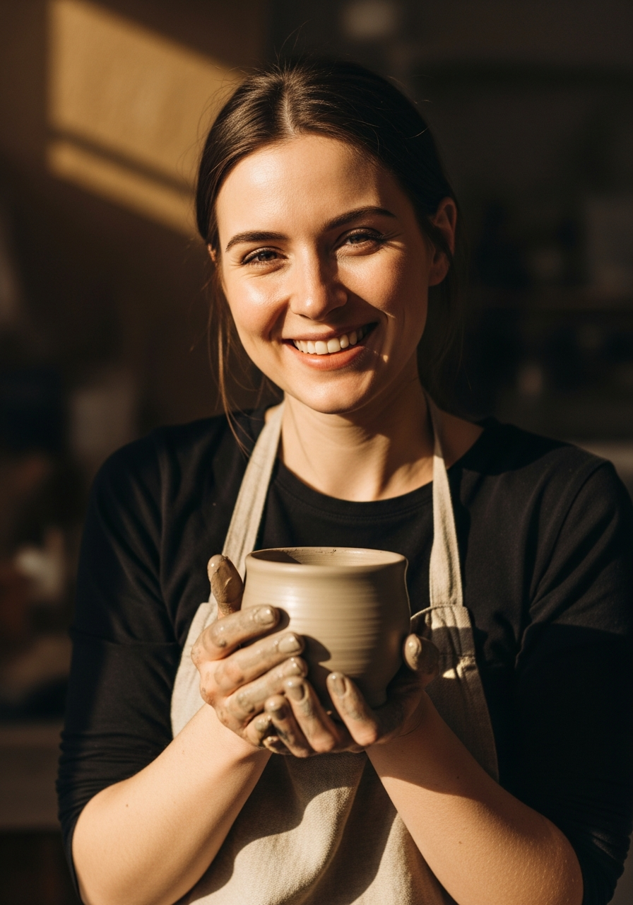 Студентка Handclay с готовой работой из глины